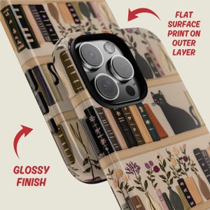 Embrace books and nature with our Bookish Boho Floral Phone Case.  Designed with book lovers in mind, this faux embroidery cat on bookshelf phone case features a flat surface print of shelved books, a cat and flowers on a vintage look background