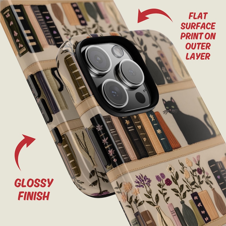 Embrace books and nature with our Bookish Boho Floral Phone Case.  Designed with book lovers in mind, this faux embroidery cat on bookshelf phone case features a flat surface print of shelved books, a cat and flowers on a vintage look background