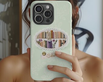 Faux Embroidery Bookshelf Phone Case, Personalized Book Lover Gift