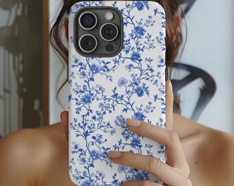 Chinoiserie Floral Tough Phone Case, Personalized Blue Spring Design