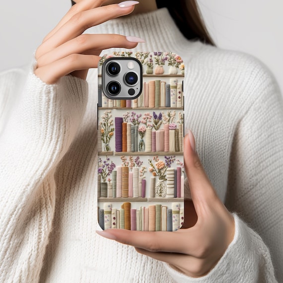 Faux Embroidery Bookish Floral Phone Case, Boho Bookshelf Phone Case Gift, Bookworm Phone Case iPhone 16 15 14 13 11 Pro Max Samsung S24 S23