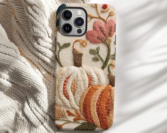 Boho Floral Pumpkin Phone Case, Faux Embroidery Autumn Design