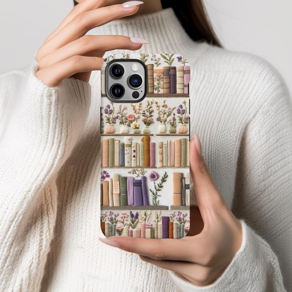 Faux Embroidery Bookish Phone Case, Bookshelf Phone Case Gift, Book Lover Phone Cases For iPhone 16 15 14 13 12 Pro Max Samsung S25 S24 S23