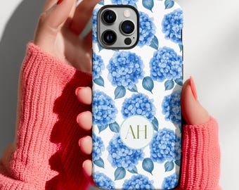 Personalized Blue Hydrangea Floral Phone Case, Preppy Coastal Gift