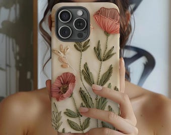 Faux Embroidery Phone Case, Cottagecore Wildflower Phone Cover, Boho Floral Tough Cases
