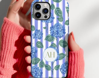 Personalized Hydrangea Phone Case, Blue Striped Floral Design