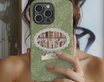 Faux Embroidered Bookish Phone Case, Vintage Bookshelf Floral Design