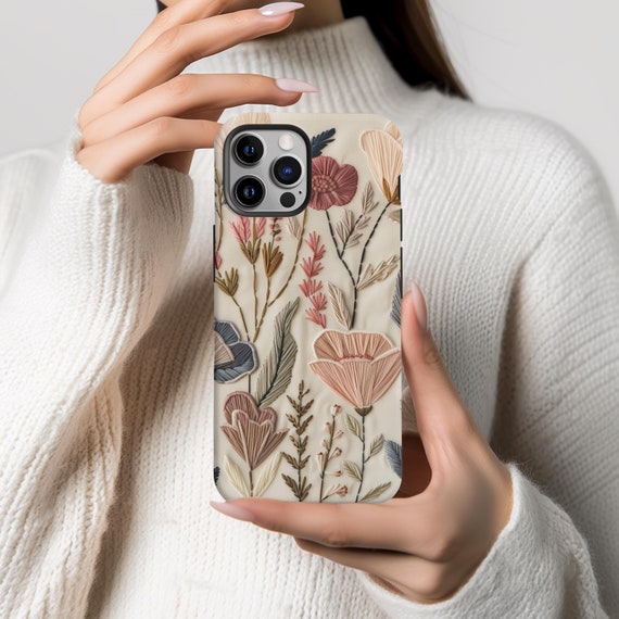 Retro Floral Faux Embroidery Phone Case, Bohemian Flowers Phone Case, Spring Phone Cases iPhone 16 15 14 13 12 Pro Max Plus, Samsung S25 S24