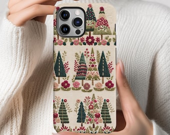 Funda para teléfono con diseño floral bohemio y árbol de Navidad, con bordado de imitación.