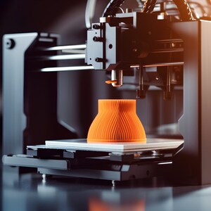 Puede incluir: Una impresora 3D con un objeto de plástico naranja que se está imprimiendo en la plataforma. La impresora es negra y tiene una boquilla que se mueve hacia adelante y hacia atrás para crear el objeto.