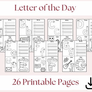 Letter of the Day A-Z, 26 Printable Worksheets, Preschool