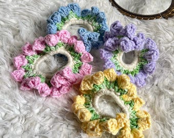 Crochet Tulip Scrunchie | Pastel Flower Hair Tie | Handmade Cottagecore Accessory