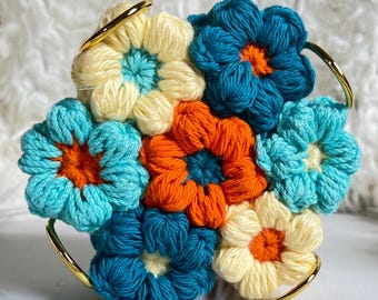 Crochet Flower Coaster Set • Handmade Cotton Floral Coasters w/ Gold Holder