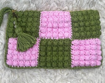 Handmade Crochet Wristlet Pouch | Pink & Olive Green Bobble Stitch Zipper Clutch | Lined Makeup Bag | Small Crochet Organizer