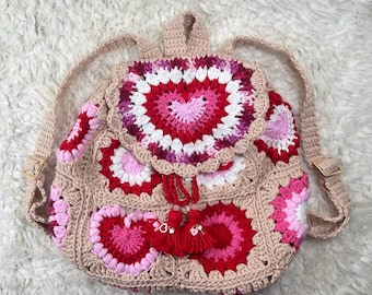 Crochet Granny Square Backpack | Handmade Boho Bag | Cottagecore Aesthetic Backpack | Pink Floral Crochet Bag