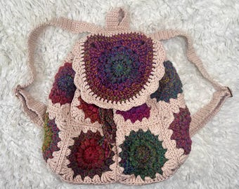 Handmade Granny Square Crochet Backpack | Boho Festival Bag w/ Interior Pockets
