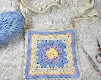 Crochet Granny Square Crossbody Bag | Pastel Flower Purse | Lined with Interior Zipper Pocket | Detachable Strap | Cottagecore Bag