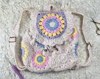 Crochet Granny Square Backpack | Pastel Floral Mini Backpack | Handmade Cottagecore Bag | Y2K Aesthetic Boho Bag