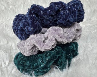 Velvet Sparkle Crochet Scrunchie · Handmade Chenille Hair Scrunchie · Single or Set of 3