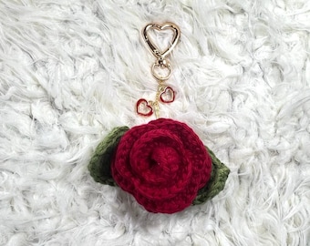 Crochet Rose Keychain w/ Heart Charms · Handmade Valentine's Bag Charm · Crochet Flower Accessory