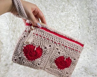 Crochet Valentine Heart Zipper Pouch • Handmade Wristlet w/ Charm & Tassel • Lined Crochet Bag