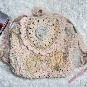 Golden Frost Granny Square Crochet Backpack | Rose Quartz Drawstring | Lined with Interior Pockets | Adjustable Straps