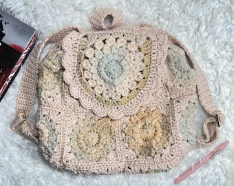 Golden Frost Granny Square Crochet Backpack | Rose Quartz Drawstring | Lined with Interior Pockets | Adjustable Straps