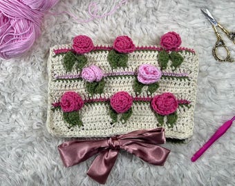 Crocheted Rose Clutch Purse | 3D Floral Zipper Bag, Cottagecore Style