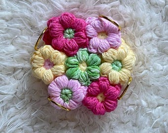 Crochet Flower Coaster Set of 4 with Gold Metal Holder | Puff Flower Coasters | Handmade Cottagecore Home Decor