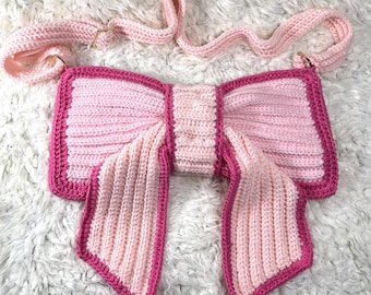 Crochet Bow Bag | Glitter Tinsel Bow Crossbody Purse | Handmade Coquette Shoulder Bag | Pink Iridescent Bow Purse
