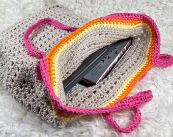 Handmade Crochet Tote Bag | Open Weave Cotton Market Bag | Pink Orange Yellow Striped Handle | Beach Bag