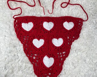 Crochet Heart Head Scarf • Red Granny Square Bandana