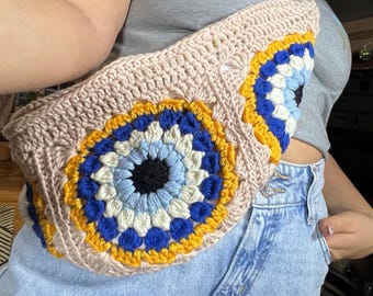 Crochet Evil Eye Crossbody Bag • Handmade Granny Square Purse