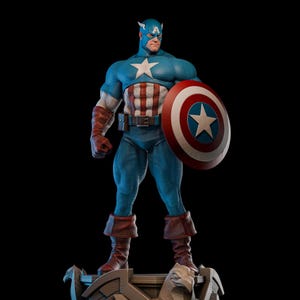 May include: A detailed statue of Captain America, standing on a decorative base. The figure is in a classic pose, holding a shield with a white star on a red and white background. The costume is blue, red, and white.
