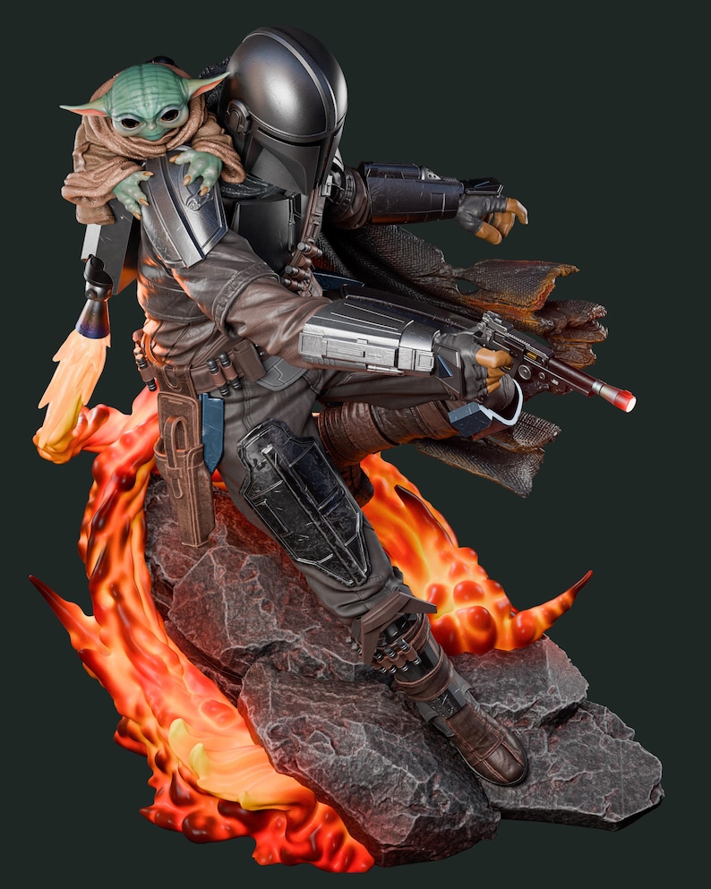 May include: A detailed figurine of The Mandalorian with Grogu, posed dynamically on a rocky base with fiery accents. The Mandalorian is clad in dark armour, holding a blaster, with Grogu perched on his shoulder. The base features vibrant orange and red flames.