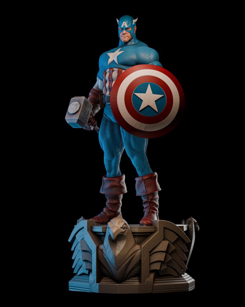 May include: A detailed statue of Captain America in a dynamic pose, holding his shield and a hammer. The figure is clad in a blue and white costume with a star emblem, red boots, and a helmet. The base features an eagle design.