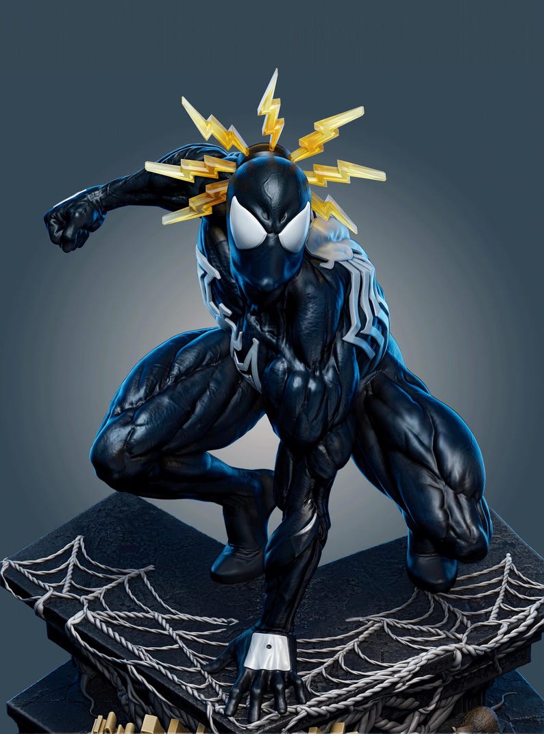 May include: A black and white Spider-Man figurine in a crouching pose, featuring a textured black suit with a white spider emblem on the chest and white eye lenses. The figure has translucent yellow lightning bolt effects radiating from the head.