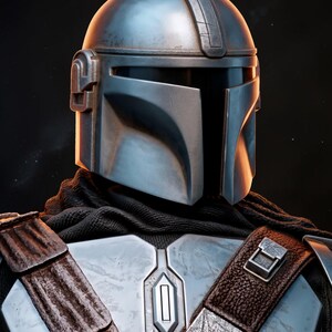 May include: Close-up of a Mandalorian helmet and armor. The helmet is silver with a dark visor and a distinctive T-shaped opening. The armor features a silver chest plate and brown leather straps. A black scarf is visible around the neck.