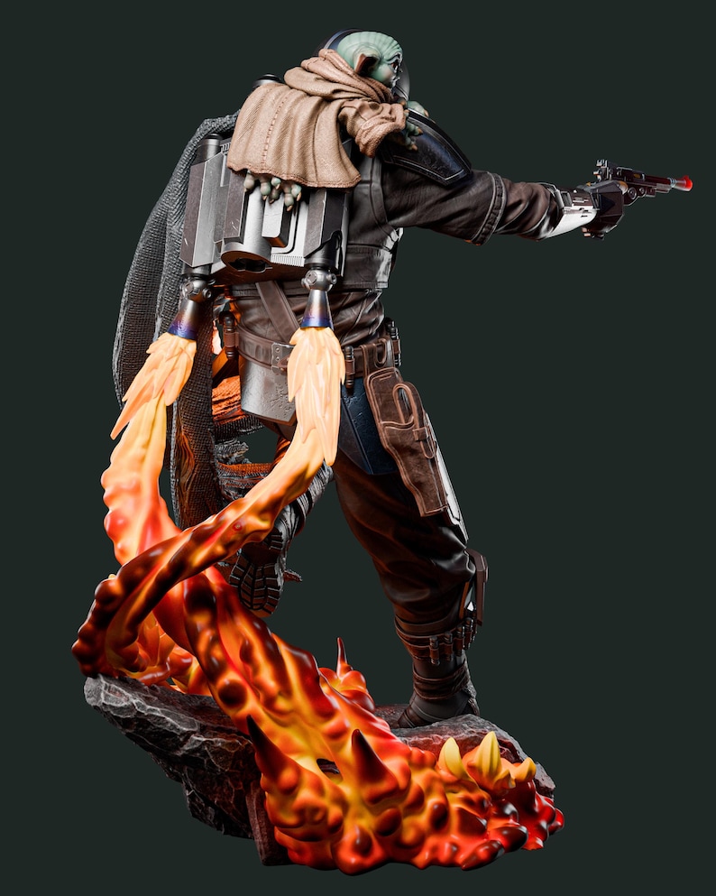 May include: A detailed figurine of a character in a dark brown and black outfit, with a jetpack and a blaster pistol. The figure is standing on a rocky base with orange and yellow flames. The character has a green head and a tan scarf.