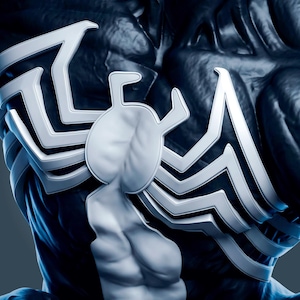 May include: A dark blue, muscular, textured figure featuring a prominent, large, white spider emblem centered on the chest. The emblem has sharp, angular legs extending across the torso, with a smooth, rounded central body and a long, segmented tail.