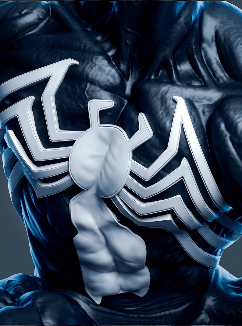 May include: A dark blue, muscular, textured figure featuring a prominent, large, white spider emblem centered on the chest. The emblem has sharp, angular legs extending across the torso, with a smooth, rounded central body and a long, segmented tail.