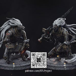 May include: Two detailed figurines of a knight in dark armor with long, flowing white hair. One kneels, the other stands, both holding weapons. The bases are circular with lit candles. The image includes a QR code and website address.