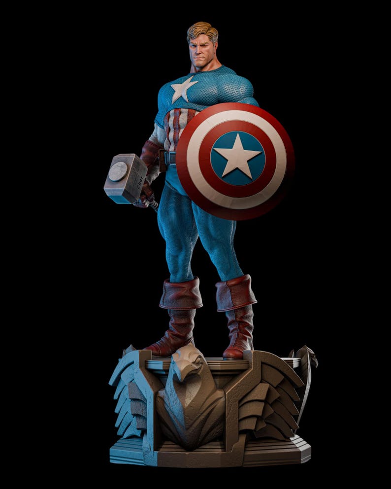 May include: A statue of Captain America, a superhero, stands on a detailed base. He wears a blue and white costume, holding a shield with a white star and a hammer. The statue is set against a black background.