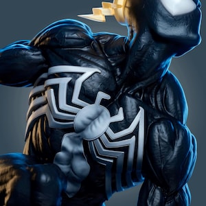 May include: A highly detailed black muscular figure statue featuring a prominent white spider emblem on the chest and a glowing yellow lightning bolt crown accessory positioned above the head, showcasing defined musculature and white eye patches.