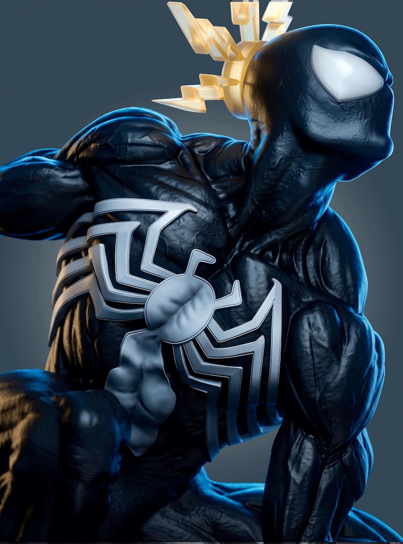 May include: A highly detailed black muscular figure statue featuring a prominent white spider emblem on the chest and a glowing yellow lightning bolt crown accessory positioned above the head, showcasing defined musculature and white eye patches.