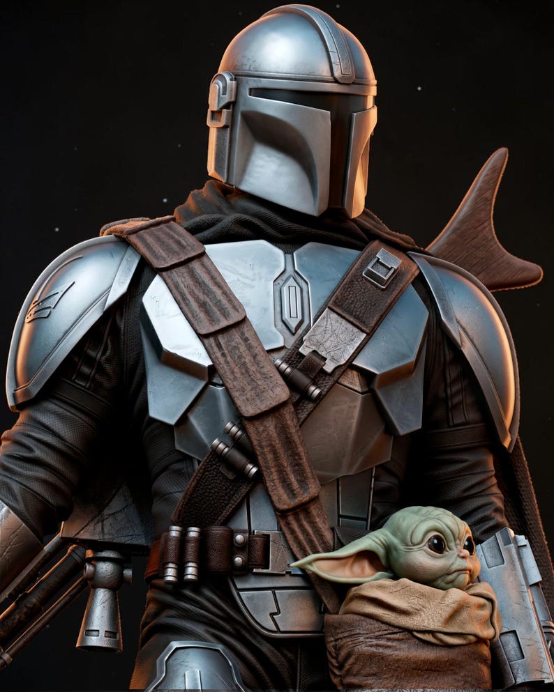 May include: A detailed image of a Mandalorian character in silver armor, with a helmet and brown leather straps. The character is holding a small, green-skinned creature with large ears, wrapped in a brown cloth. The background is dark.