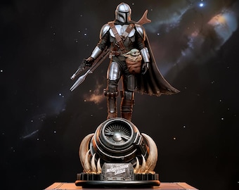 Diorama des figurines Mandalorian et Grogu - Cadeau statue Star Wars peinte à la main