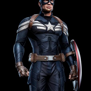 May include: A full-body shot of Captain America in a navy blue and silver costume, complete with a helmet bearing a white "A". The costume features a star emblem and brown leather straps. He holds his iconic red, white, and silver shield.