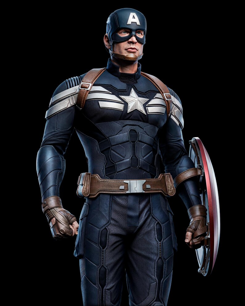 May include: A full-body shot of Captain America in a navy blue and silver costume, complete with a helmet bearing a white "A". The costume features a star emblem and brown leather straps. He holds his iconic red, white, and silver shield.