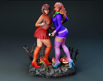 Diorama en résine peint à la main – Sculpture de collection en duo de détectives Velma & Daphne